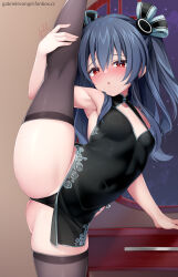 1girl alternate_costume arm_support balancing bare_shoulders black_dress black_hair black_panties blush breasts china_dress chinese_clothes commentary_request dress flexible floral_print_dress gabriel_evangel hair_between_eyes hair_ribbon hand_up highres holding_own_leg leg_up legs long_hair looking_at_viewer neptune_(series) open_mouth panties red_eyes ribbon skindentation sleeveless sleeveless_dress small_breasts solo split standing standing_on_one_leg standing_split thighhighs thighs underwear uni_(neptunia) upskirt watermark web_address