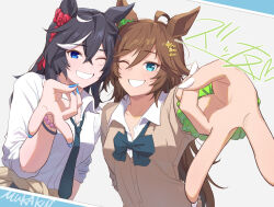2girls ahoge alternate_uniform animal_ears black_hair blue_eyes blue_nails bow bowtie brown_cardigan cardigan cardigan_around_waist clothes_around_waist commentary_request fingernails green_eyes grin gyaru gyaru_v hair_between_eyes horse_ears horse_girl jewelry katsuragi_ace_(umamusume) long_sleeves looking_at_viewer mr._c.b._(umamusume) mukakin multicolored_hair multiple_girls necklace necktie no_headwear one_eye_closed open_mouth purikura school_uniform shirt sleeves_rolled_up smile streaked_hair tail translation_request umamusume upper_body v white_hair white_nails white_shirt