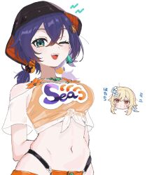 Rule 34 | 2girls, arms behind head, belle (summer skies) (zenless zone zero), belle (zenless zone zero), black hat, blonde hair, blue hair, bucket hat, commentary request, crossover, genshin impact, green eyes, hair ornament, hat, highres, letter hair ornament, looking at viewer, lumine (genshin impact), multiple girls, navel, official alternate costume, one eye closed, open mouth, q (oshikuraq), see-through clothes, see-through shirt, shirt, short twintails, simple background, tied shirt, twintails, white background, white shirt, yellow eyes, zenless zone zero