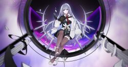 1girl 230819 absurdres arcaea black_bow black_bowtie black_eyes black_hair blonde_hair bow bowtie breasts flower full_body hair_between_eyes heterochromia highres insight_(arcaea) long_hair looking_at_viewer medium_breasts multicolored_bow multicolored_hair red_eyes red_ribbon ribbon shirt shoes sidelocks sleeve_cuffs two-tone_hair upper_body very_long_hair white_background white_bow white_flower white_petals white_shirt white_shoes white_sleeves