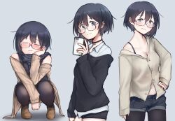 1girl :3 absurdres bare_shoulders bell black_eyes black_hair black_pantyhose blazer blush bra_strap brown_shirt cellphone choker commentary denim denim_shorts english_commentary glasses highres jacket light_smile looking_at_viewer loose_clothes loose_shirt m1saki_1 multiple_views neck_bell original pantyhose phone shirt short_shorts shorts simple_background single_bare_shoulder smartphone smile squatting white_shirt