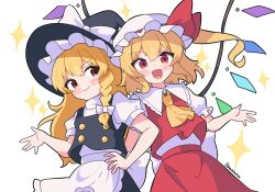 Rule 34 | 2girls, :d, apron, ascot, black hat, black vest, blonde hair, blush stickers, bow, braid, buttons, cowboy shot, crystal wings, fang, flandre scarlet, hair bow, hat, hat bow, kirisame marisa, looking at viewer, masakamea, mob cap, multiple girls, open mouth, puffy short sleeves, puffy sleeves, red bow, red eyes, red skirt, red vest, ribbon, short hair, short sleeves, side-by-side, side braid, side ponytail, single braid, skirt, smile, star (symbol), touhou, twitter username, vest, waist apron, white background, white bow, white hat, witch hat, yellow ascot, yellow eyes