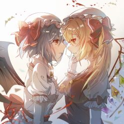 2girls ascot bat_wings blonde_hair blue_hair crystal crystal_wings dimi4561 flandre_scarlet frilled_shirt_collar frills from_side hat hat_ribbon highres looking_at_another mob_cap multiple_girls puffy_short_sleeves puffy_sleeves red_eyes red_ribbon remilia_scarlet ribbon short_hair short_sleeves siblings simple_background sisters touhou upper_body vampire white_background wings wrist_cuffs yellow_ascot