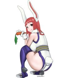 Rule 34 | 1girl, absurdres, aki-chan (dismaiden), animal ear fluff, animal ears, artist name, ass, blunt bangs, boku no hero academia, breasts, brown eyes, carrot, commentary, cosplay, dismaiden, english commentary, food, from behind, fur trim, gloves, highres, holding, holding food, large breasts, leotard, long hair, looking at viewer, looking back, mirko, mirko (cosplay), original, rabbit ears, rabbit tail, red hair, simple background, solo, squatting, tail, tiptoes, tongue, tongue out, white gloves, white leotard