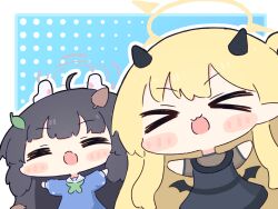 &gt;_&lt; 2girls :3 :d :o =_= ahoge animal_ears black_dress black_hair black_horns black_wings blonde_hair blue_archive blue_background blush_stickers border chibi demon_horns demon_wings dress evening_gown fake_animal_ears green_neckerchief grey_halo halftone halftone_background halo hands_up horns ibuki_(blue_archive) ibuki_(dress)_(blue_archive) leaf leaf_on_head long_hair low_wings miyu_(blue_archive) multiple_girls neckerchief no_nose official_alternate_costume open_mouth outside_border pointy_ears rabbit_ears sailor_collar school_uniform serafuku smile umihio v-shaped_eyebrows very_long_hair white_border white_sailor_collar wings x3 xd yellow_halo