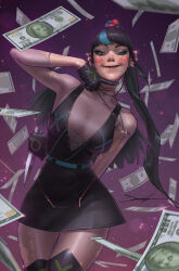 1girl arm_behind_back banknote black_boots black_dress black_gloves black_hair blue_hair blush_stickers boots breasts cleavage commentary dc_comics dress earrings english_commentary falling_money finger_to_neck gloves highres holding holding_knife holding_weapon jee-hyung_lee jewelry knife large_breasts long_hair looking_at_viewer money multicolored_hair necklace pantyhose ponytail punchline_(dc) purple_background see-through_clothes see-through_shirt shirt short_dress signature sleeveless sleeveless_dress solo streaked_hair thigh_boots torn_clothes torn_pantyhose torn_shirt weapon