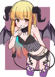 1girl armpit_crease black_collar black_horns black_shorts black_wings blonde_hair blush border breasts bright_pupils collar collarbone commentary_request cropped_legs curved_horns demon_girl demon_horns demon_tail demon_wings finger_to_mouth frilled_collar frills grey_ribbon grin hair_over_shoulder hand_up highres horns index_finger_raised leaning_forward long_hair long_sidelocks micro_shorts neck_ribbon original outside_border purple_background purple_thighhighs red_eyes ribbon shirt shorts shushing sidelocks sketch small_breasts smile solo standing strapless strapless_shirt tail thighhighs urushiushiru white_border white_pupils wings
