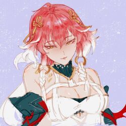 1girl bare_shoulders breasts changli_(wuthering_waves) cleavage closed_mouth dress earrings hair_between_eyes hair_ornament highres hn(kurobbs) jewelry looking_at_viewer multicolored_hair purple_background red_hair sketch solo white_dress white_hair wuthering_waves yellow_eyes