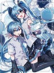 Rule 34 | 1boy, 1girl, ;d, aqua necktie, balloon, black pants, black skirt, black sleeves, blue eyes, blue flower, blue hair, blush, bug, butterfly, cake, commentary, confetti, danjou sora, dated, detached sleeves, flower, food, fork, full body, genderswap, genderswap (ftm), grey shirt, hair between eyes, hair ornament, hatsune miku, hatsune mikuo, headphones, highres, holding, holding cake, holding food, icing, insect, miku day, necktie, number tattoo, one eye closed, open mouth, pants, pleated skirt, shirt, short sleeves, shoulder tattoo, signature, skirt, sleeveless, sleeveless shirt, smile, symbol-only commentary, tattoo, teeth, tie clip, tongue, very long sleeves, vocaloid, white flower