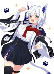1girl :3 :d animal_ears aomiya_yozuri belt black_skirt black_thighhighs blue_hair blue_skirt breasts cat_ears cat_girl cat_tail drawstring fang high-waist_skirt highres hood hood_down hoodie indie_virtual_youtuber long_sleeves medium_breasts miniskirt multicolored_hair namikawa_kuroha open_clothes open_hoodie open_mouth paw_print paw_print_background pleated_skirt shirt simple_background single_thighhigh skirt smile tail thigh_belt thigh_strap thighhighs two-tone_hair virtual_youtuber white_background white_hair white_shirt wide_sleeves yellow_eyes