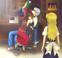 1boy 2girls armpits belt blonde_hair book bow box braid brown_eyes brown_hair choker cup ddr_flag detached_sleeves east_germany game_console german_flag glasses hair_bow hair_tubes hakurei_reimu high-explosive_anti-tank_(warhead) hug japanese_clothes kata kir-imperial kirisame_marisa long_hair long_sleeves man-portable_anti-tank_systems miko morichika_rinnosuke multiple_girls open_book panzerfaust partisan_(weapon) playstation_1 polearm radio reading recoilless_gun rocket_launcher sarashi short_hair short_sleeves sign silver_hair single_braid slippers smile soviet_flag sword touhou weapon witch yellow_eyes yukkuri_shiteitte_ne