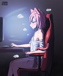 1girl 2023 animal_ear_fluff animal_ears artist_logo artist_name at_computer blush bottomless chair commentary computer computer_mouse dated dildo dildo_reveal dildo_riding english_commentary female_masturbation flat_chest fox_ears fox_girl gaming_chair highres indoors logo masturbation nipple_slip nipples nyaxxy object_insertion parted_lips red_hair sex_toy shirt short_hair signature sitting solo steam steaming_body swivel_chair white_shirt