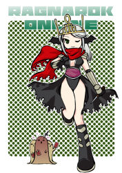 1girl armor assassin_cross_(ragnarok_online) black_boots black_gloves black_leotard black_wings boots breasts card closed_mouth commentary_request copyright_name crown elbow_gloves full_body gloves green_background green_eyes grey_hair head_wings leotard long_hair looking_at_viewer medium_breasts obi one_eye_closed pauldrons polka_dot polka_dot_background purple_sash ragnarok_online red_scarf sash scarf shoulder_armor sleeper_(ragnarok_online) smile solo standing standing_on_one_leg torn_clothes torn_scarf vambraces white_background wings yazawa_kazuki