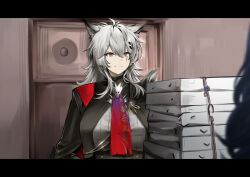 1girl :3 absurdres aiguillette animal_ears arknights black_jacket blurry bolo_tie breasts closed_mouth commentary english_commentary glint grey_eyes grey_hair hair_between_eyes highres irkawaza jacket lappland_(arknights) lappland_the_decadenza_(arknights) large_breasts letterboxed long_hair out_of_frame scar scar_across_eye scar_on_face smile solo_focus wolf_ears wolf_girl