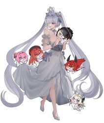 1girl :3 :d armband bare_shoulders bkb_(kunasd-bkb) blue_eyes bow breasts chinese_commentary cinderella_(glass_princess)_(nikke) cinderella_(nikke) cleavage collarbone commentary_request creature crown crown_(nikke) doro_(nikke) dorothy_(nikke) dress frilled_armband frills full_body glass_slipper goddess_of_victory:_nikke grave_(nikke) hair_between_eyes hair_bow hair_over_one_eye highres holding holding_creature large_breasts long_dress long_hair looking_at_another mini_crown official_alternate_costume open_mouth rapi_(nikke) rapi_(red_hood)_(nikke) red_hood_(nikke) see-through_clothes see-through_dress sidelocks simple_background sleeveless sleeveless_dress smile standing standing_on_one_leg twintails very_long_hair white_background white_bow white_dress white_hair