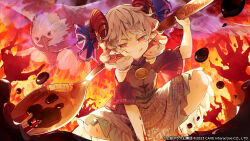 1girl blue_dress burning commentary_request curly_hair detached_sleeves dress eagle_spirit_(touhou) earrings feet_out_of_frame fire grin holding holding_spork horn_ornament horn_ribbon horns jewelry looking_at_viewer meandros oversized_object patterned_clothing petroleum pointy_ears red_eyes red_horns red_sleeves ribbon sharp_teeth sheep_horns smile spork syuri22 teeth touhou touhou_gensou_eclipse toutetsu_yuuma tree utensil white_hair