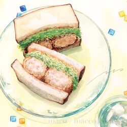 artist_name bread commentary_request croquette food food_focus glass_plate inaco no_humans original painting_(medium) plate sandwich shredded_cabbage signature still_life traditional_media watercolor_(medium)
