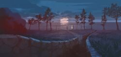 1other cloud cloudy_sky dawn full_moon grass highres horizon moon night night_sky ocean original outdoors painting_(medium) scenery shore sky slow_d solo stone_wall traditional_media tree