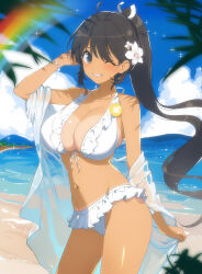 Rule 34 | 1girl, beach, bikini, blue sky, bracelet, breasts, cleavage, cloud, commentary request, dark-skinned female, dark skin, flower, green eyes, hair flower, hair ornament, hair ribbon, highres, homura (senran kagura), jewelry, large breasts, long hair, looking at viewer, navel, one eye closed, outdoors, ponytail, rainbow, ribbon, senran kagura, shirt, sky, smile, solo, sparkle, swimsuit, tan, tanline, tree, water, wet, wet clothes, wet shirt, white bikini, white flower, white ribbon, white shirt, yaegashi nan