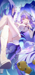 1girl :q absurdres asymmetrical_legwear blue_eyes blue_flower breasts bubble cantarella_(wuthering_waves) closed_mouth commentary_request dress earrings facial_mark fingernails flower hair_between_eyes hair_flower hair_ornament hand_up headdress high_heels highres holding holding_umbrella jewelry kneehighs large_breasts long_hair looking_at_viewer mark_under_eye nail_polish purple_hair purple_nails purple_umbrella shoes smile socks solo thighhighs thighs tongue tongue_out umbrella uneven_legwear very_long_hair white_dress white_shoes white_socks white_thighhighs wuthering_waves yuyiosang