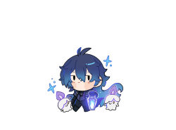 1boy ahoge antenna_hair blue_fire blue_hair chibi chibi_only closed_mouth coat commentary creature english_commentary expressionless fire flins_(genshin_impact) genshin_impact gloves glowing gradient_hair hair_between_eyes highres holding long_hair long_sleeves looking_to_the_side multicolored_hair nya_deko pants simple_background solo standing wavy_hair white_background