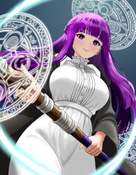 absurdres before_and_after bertstudent black_coat black_robe blunt_bangs breasts capelet coat dress fern_(sousou_no_frieren) highres holding holding_staff large_breasts lips looking_at_viewer mage_staff pointy_ears purple_eyes purple_hair purple_pupils robe smile sousou_no_frieren staff straight_hair white_dress