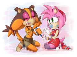 2girls amberdragonling amy_rose badger bare_legs bent_over bracelet brown_fur brown_hair child closed_eyes collar dress fang green_eyes hair_tie hairband hedgehog jewelry jungle_girl laughing legs lipstick loli long_socks makeup medium_hair mirror multiple_girls orange_fur orange_hair painted_face pink_fur pink_hair red_dress sega shoes skirt smile socks sonic_(series) sonic_boom_(series) sticks_the_badger strapless tail tube_top twintails
