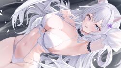 1girl :d absurdres animal_ears arm_up armpits bare_shoulders black_collar blue_eyes blush bra breasts cleavage collar commentary_request commission curvy detached_sleeves dutch_angle falling_petals flower hair_flower hair_ornament hairclip highres index_finger_raised kurage_cc large_breasts light_particles long_hair looking_at_viewer navel open_mouth original panties petals purple_eyes sidelocks skeb_commission smile solo stomach thighs underwear very_long_hair white_bra white_hair white_panties