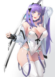 1girl arm_up bare_shoulders black_bow black_gloves bodysuit bow breasts commentary copyright_request covered_navel earrings fang fingerless_gloves gloves hair_bow highres holding holding_sword holding_weapon jacket jewelry large_breasts leotard long_hair looking_at_viewer off_shoulder open_clothes open_jacket open_mouth purple_eyes purple_hair simple_background skin_fang solo sword thighhighs very_long_hair weapon white_background white_jacket white_leotard white_thighhighs wookyung