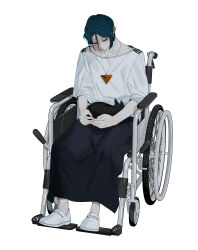 1boy absurdres animal animal_on_lap black_cat blanket cat cat_on_lap closed_eyes closed_mouth commentary_request full_body highres maelo meguriya_ayumu on_lap shirt shoes short_hair simple_background sitting solo toshi_densetsu_kaitai_center triangle_necklace wheelchair white_background white_shirt white_shoes