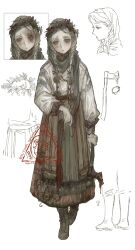 1girl axe blonde_hair blood blood_on_clothes bloody_weapon boots braid brown_footwear closed_mouth colored_sclera cross-laced_footwear frown full_body green_eyes green_scarf green_skirt half-closed_eyes hatchet_(axe) head_wreath headscarf highres holding holding_axe holding_unworn_clothes holding_unworn_scarf long_hair long_skirt long_sleeves looking_to_the_side low_twin_braids multiple_views original partially_colored red_sclera scar scar_on_face scarf shirt sigil simple_background skirt twin_braids unworn_scarf walking weapon white_shirt wuwuren