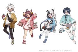 2boys 2girls :d a-37_(mahjong_soul) absurdres ahoge alternate_costume animal_ears bell black_hair black_pants blue_shirt blue_shoes blue_sweater braid braided_twintails brown_hair cat_ears cat_girl closed_eyes closed_mouth commentary_request cup dark-skinned_male dark_skin double_bun eating fang fei_ming full_body green_shoes hair_bell hair_bun hair_ornament hair_ribbon highres hood hood_down hoodie ichihime jacket jingle_bell kei_s01 long_sleeves looking_at_viewer mahjong mahjong_soul mahjong_tile mooncake multicolored_hair multiple_boys multiple_girls official_art open_clothes open_jacket open_mouth pants pantyhose pink_jacket plaid_clothes plaid_jacket promotional_art purple_eyes red_eyes red_ribbon red_shoes ribbon shirt shoes short_hair simple_background sitting smile sneakers split-color_hair standing stuffed_animal stuffed_panda stuffed_toy sweater tangyuan twin_braids white_background white_hair white_hoodie white_pants white_pantyhose white_shoes yellow_eyes yellow_jacket yuan_xiao