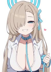 Rule 34 | 1girl, absurdres, animal collar, asuna (blue archive), asuna (school uniform) (blue archive), blonde hair, blue archive, blue eyes, blue halo, blush, breasts, cleavage, collar, collarbone, collared shirt, grin, hair over one eye, halo, highres, large breasts, leash, long hair, mole, mole on breast, school uniform, scrunchie, shirt, sleeves rolled up, smile, solo, very long hair, white shirt, wrist scrunchie, zddma20