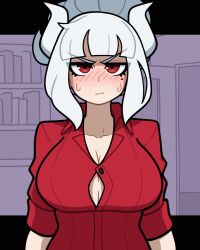 1girl animated animated_gif blush bouncing_breasts breasts button_gap buttons demon_horns helltaker horns lucifer_(helltaker) nipples popped_button red_eyes red_shirt shirt solo wardrobe_malfunction white_hair