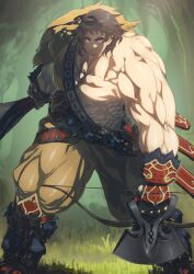 Rule 34 | 1boy, armor, armored boots, armored gloves, arms at sides, belt, belt pouch, big nose, boots, bow (weapon), brown hair, closed mouth, club (weapon), fate/grand order, fate (series), feet out of frame, fingerless gloves, fur-trimmed gloves, fur trim, game cg, gloves, green background, holding, holding bow (weapon), holding club, holding weapon, i-iv (longman), legs apart, looking at viewer, male focus, medium hair, muscular, muscular male, official art, pants, pectorals, pouch, sash, sheath, sheathed, shoulder armor, shoulder sash, single bare shoulder, smile, solo, standing, super orion (fate), sword, thick eyebrows, third-party source, topless male, variant set, weapon, yellow pants