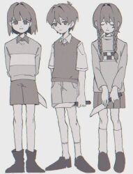 Rule 34 | 1boy, 1girl, 1other, antenna hair, boots, braid, chara (undertale), closed mouth, full body, greyscale, highres, holding, holding knife, knife, long sleeves, looking at viewer, low twin braids, madotsuki, monochrome, omori, pleated skirt, sawaki (2d1ty), shoes, short hair, shorts, skirt, smile, socks, standing, sunny (omori), sweater, sweater vest, twin braids, undertale, weapon connection, yume nikki