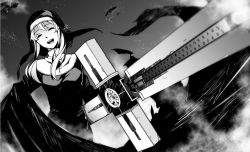 Rule 34 | 1girl, bad id, bad pixiv id, clarice (cinderella girls), clarice (idolmaster), closed eyes, cross, female focus, greyscale, gun, habit, hiroki (plt), idolmaster, idolmaster cinderella girls, long hair, machine gun, monochrome, nun, ohara hiroki, open mouth, parody, smile, solo, traditional nun, trigun, weapon