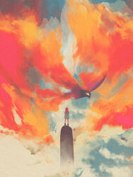 1other bird black_boots blue_dress boots dkaism dress full_body glowing looking_at_another medium_hair mountain original outdoors phoenix red_clouds red_hair scenery short_dress sky sky_focus standing yellow_eyes
