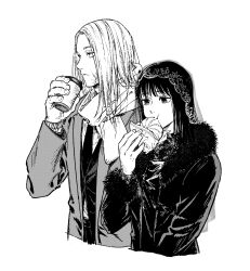 1boy 1girl coat croissant cup disposable_coffee_cup disposable_cup eating food fur_trim greyscale hand_up highres jj59u lace lace_trim medium_hair monochrome napkin open_clothes open_coat osaragi_(sakamoto_days) sakamoto_days scar scar_on_face scarf shishiba_(sakamoto_days) upper_body veil