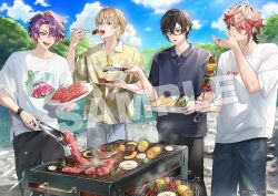 4boys :d :o :t bell_pepper bell_pepper_slice black-framed_eyewear black_hair black_pants black_shirt blonde_hair blue_eyes blue_pants car_print chopsticks closed_mouth cloud colored_inner_hair cooking copyright_notice corn curtained_hair day denim earclip eating floral_print food fura_kanato glasses grey_pants grill grilling hair_between_eyes hair_intakes hawaiian_shirt hibiscus_print holding holding_chopsticks holding_plate holding_skewer holding_tongs holding_tray jeans jewelry lake leaf_print lens_flare light_particles long_bangs male_focus meat multicolored_hair multiple_boys multiple_rings nijisanji official_art onion onion_slice open_mouth orange_hair outdoors pants pink_hair plate polo_shirt print_shirt purple_eyes purple_hair raw_meat red_eyes red_hair ring rock sample_watermark sausage seraph_dazzlegarden shikinagi_akira shirt short_hair short_sleeves skewer smile smoke squash streaked_hair sunlight t-shirt tongs tray tree two-tone_hair unagi_to_kame virtual_youtuber voltaction watarai_hibari watermark white_shirt wing_collar wristband yellow_shirt