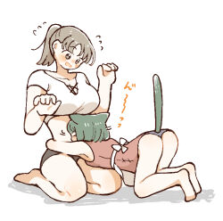 2girls age_difference animal_ears ass black_panties blush breasts brown_eyes brown_hair cat_ears cat_girl cat_tail green_hair hug large_breasts looking_at_another multiple_girls onee-loli original panties sitting small_breasts tail takeno_(takenoo2) underwear yuri