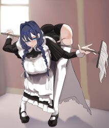 1girl absurdres apron ass bent_over black_dress blue_eyes blue_hair blush braid breasts broom dress embroidered_dress embroidery frilled_hat frills hair_intakes hanging_breasts hat high-waist_dress highres holding holding_broom hololive hololive_english koizumi_arata large_breasts long_hair long_sleeves looking_at_viewer low_twin_braids maid maid_apron official_alternate_costume official_alternate_hairstyle open_mouth ouro_kronii ouro_kronii_(maid) presenting solo thighhighs twin_braids victorian_maid virtual_youtuber waist_apron white_apron