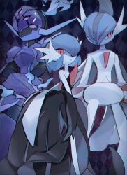 3woomy3 alternate_color artist_name black_dress black_gloves blue_hair bob_cut cape ceruledge colored_skin dress elbow_gloves gallade gardevoir gen_3_pokemon gen_4_pokemon gloves highres mega_gallade mega_gardevoir mega_pokemon nintendo orange_eyes parted_lips pokemon pokemon_(creature) shiny_pokemon white_cape white_skin
