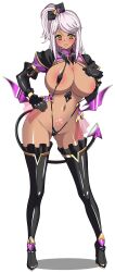 1girl absurdres areola_slip blush boots breasts corruption covered_erect_nipples dark-skinned_female dark_persona dark_skin demon_girl demon_tail elbow_gloves frozen_gingasan full_body gloves gunslinger_stratos heart highres huge_breasts katagiri_kyouka large_breasts long_hair looking_at_viewer navel one_side_up open_mouth pink_hair pubic_tattoo simple_background slave_gear slingshot_swimsuit smile solo swimsuit tail tattoo thigh_boots thighhighs transparent_background ts_magical_girl_nao variant_set white_background wings yellow_eyes