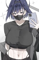 1girl absurdres alternate_costume black_jacket black_mask black_panties black_pants black_shirt blue_eyes blue_hair blush breasts cellphone chain chain_earrings chain_headband covered_mouth ear_piercing earrings ewn hair_intakes highleg highleg_panties highres holding holding_phone hololive hololive_english hot jacket jewelry large_breasts looking_at_viewer mask midriff mouth_mask navel ouro_kronii panties pants phone piercing removing_jacket selfie shirt short_hair simple_background smartphone solo sweat sweaty_clothes underwear virtual_youtuber white_background
