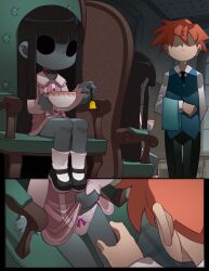 1boy 1girl bell black_eyes black_hair bleedman blunt_bangs butler clothes_lift colored_skin dress dress_lift green_skin highres loli long_hair mary_janes monster_girl orange_hair original panties pimple_(bleedman) shoes sidelocks underwear white_panties