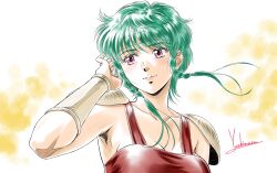 1girl absurdres artist_name braid braided_sidelocks breasts cleavage closed_mouth collarbone commentary forehead_protector green_hair hand_up highres looking_to_the_side medium_breasts naara-oh_renge pink_eyes portrait red_tank_top short_hair shoulder_pads signature smile solo tank_top tenkuu_senki_shurato vambraces yoshinaga_masahiro