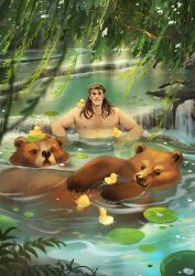 1boy animal animal_on_head arm_hair baldur&#039;s_gate baldur&#039;s_gate_3 bara bear bird braid brown_hair chest_hair dark-skinned_male dark_skin duck dungeons_&amp;_dragons elf forest from_above hairy halsin highres lake large_pectorals lotus_pod male_focus mature_male medium_hair muscular muscular_male nature nipples nude on_head pectorals perspective pointy_ears relaxing ribbonentrails scenery smile solo sunlight swimming tattoo thick_eyebrows upper_body wet wet_hair
