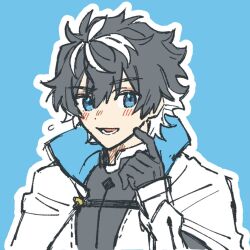 1boy black_gloves black_hair blue_background blue_eyes blush cape charlemagne_(fate) chickenuma_0 collared_cape colored_inner_hair embarrassed fate/extella fate/extella_link fate/extra fate_(series) flying_sweatdrops gloves hair_between_eyes hand_up highres looking_at_viewer male_focus multicolored_hair open_mouth outline popped_collar scratching_cheek short_hair simple_background sketch smile solo streaked_hair two-tone_hair upper_body white_cape white_hair white_outline