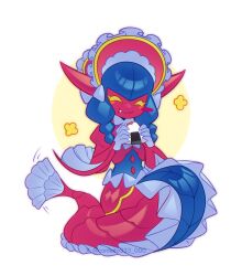 1girl blue_hair bonnet closed_eyes colored_skin confeito000_333 digimon digimon_(creature) eating fang food full_body highres holding holding_food lamia lamiamon medium_hair monster_girl onigiri pink_scales pink_skin simple_background sitting solo white_background winged_arms wings